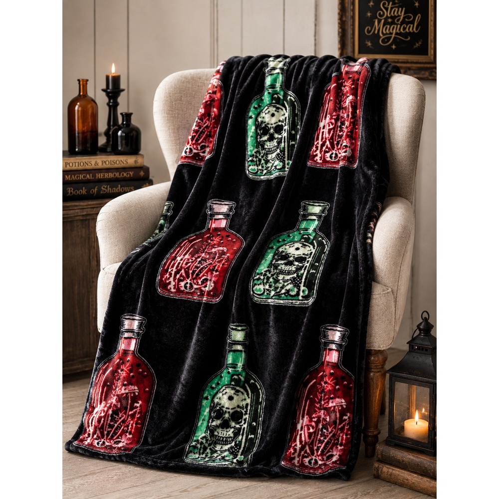 Midnight Spell Apothecary Potion Bottle Skull Plush Throw Blanket Gothic Hallowe